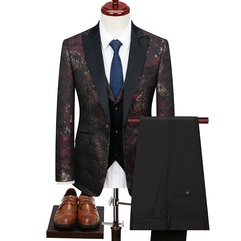 

2023 High-end Jacquard Dress (suit + Vest + Trousers) Stylish and Handsome Three-piece Suit with Gun Lapel Collar Wedding Dress