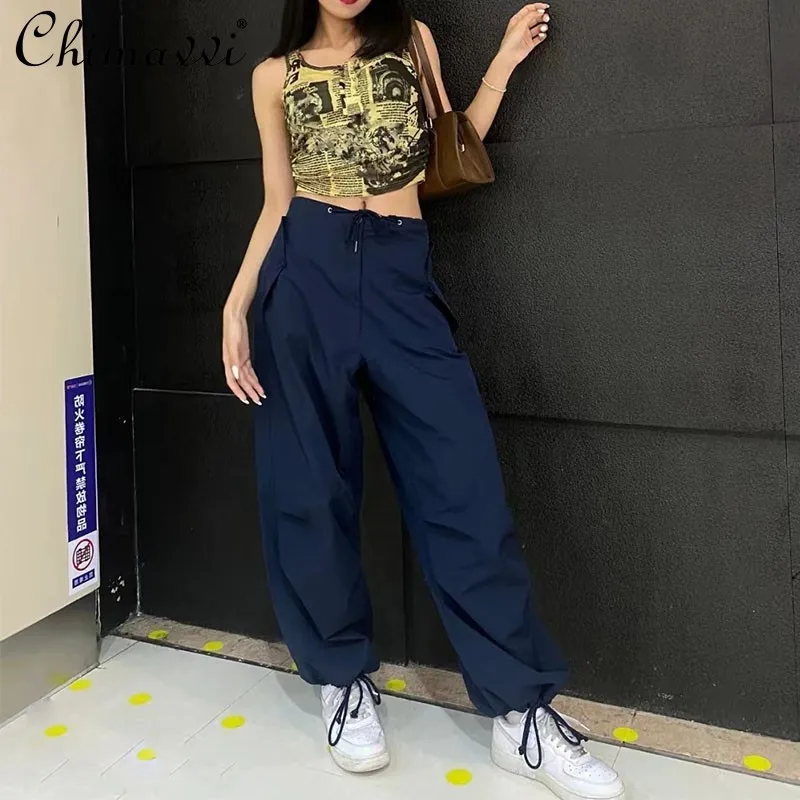 

Dark Blue Retro Loose Cargo Pants Women's Hepburn Style High Waist Wide Leg Pants Women Hip Hop Pants Casual Trousers