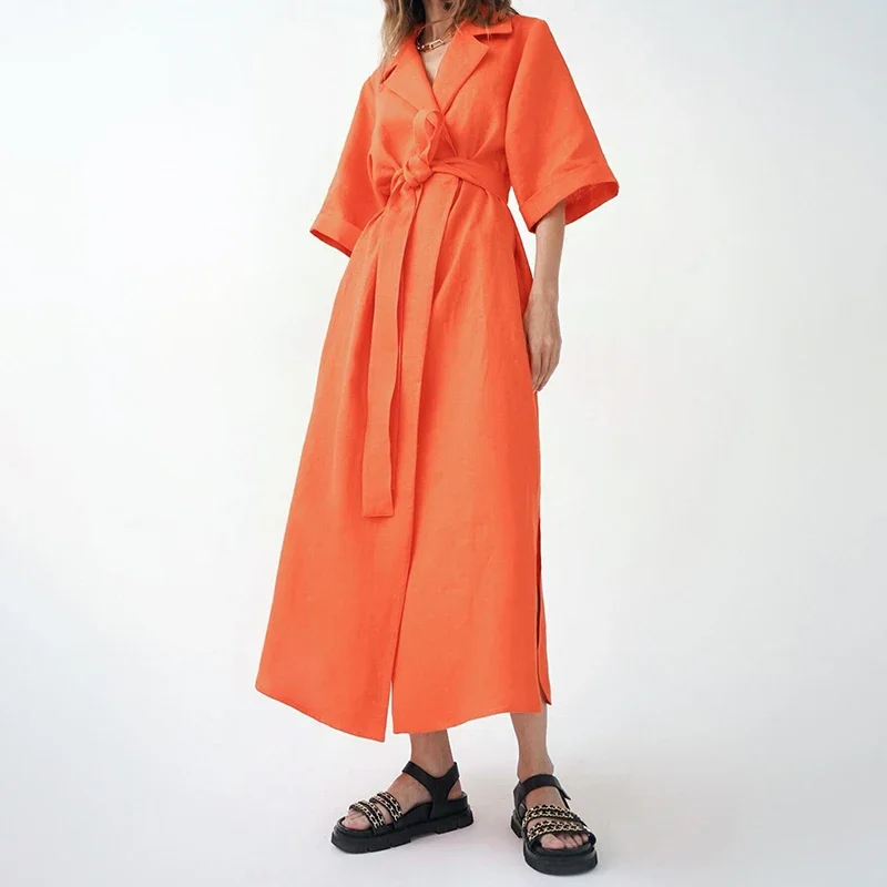 

PASSIONNÉ Women's Dress Lapel Half Sleeve with Belt Lace-up Ankle-length Cotton Linen Dresses Female 2023 Casual Fashion New