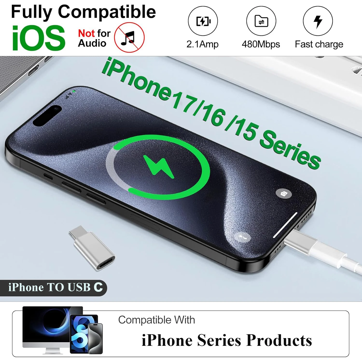 아이폰 16/15 시리즈, iOS 삼성용 라이트닝 to USB C 어댑터 2개입, 충전 및 데이터 동기화 타입 C 커넥터, 젠더 체인저