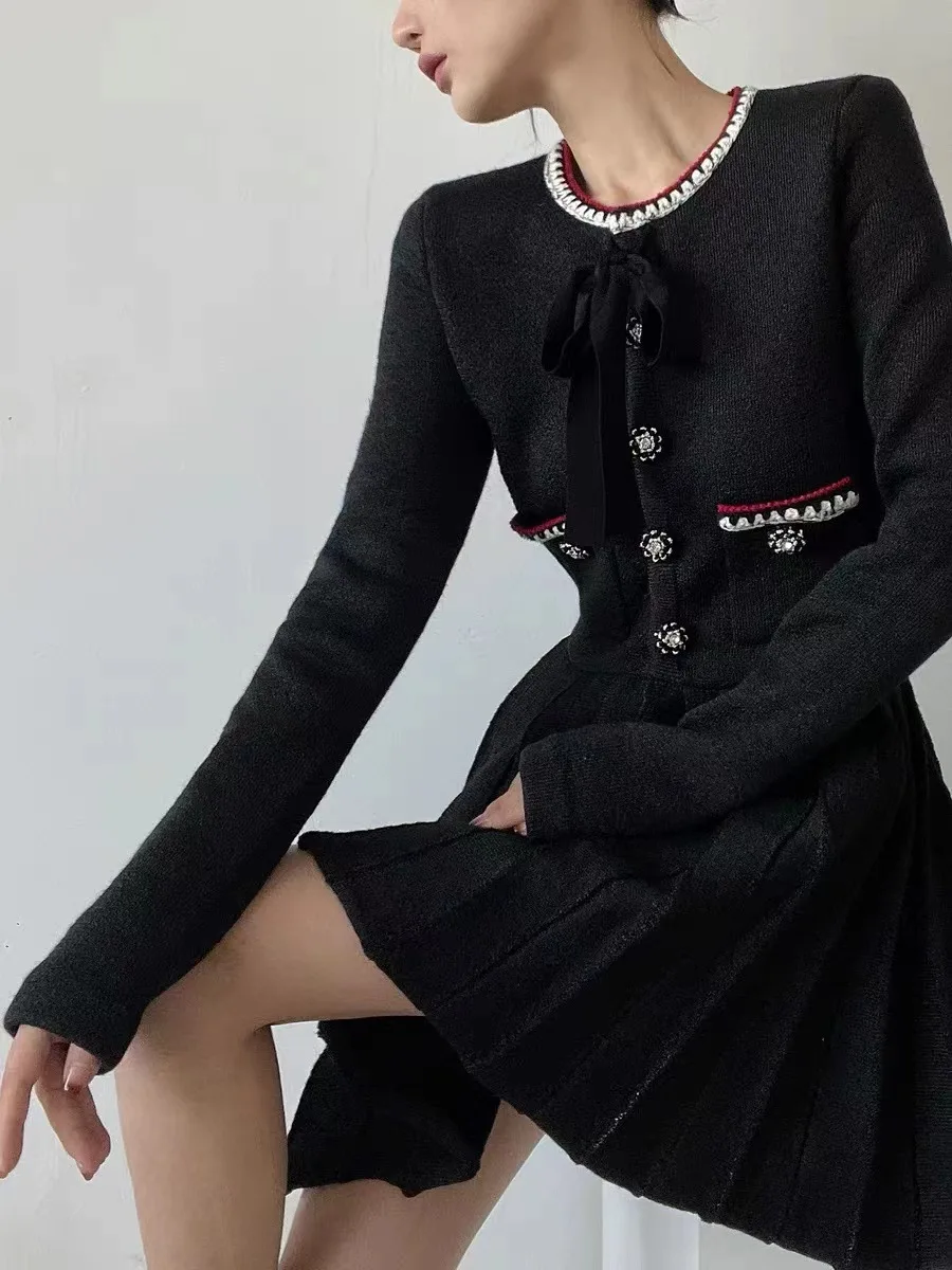 

Women Bow O-Neck Front Buttons Long Sleeve Pleated Hem Elegant Tweed Mini Dress