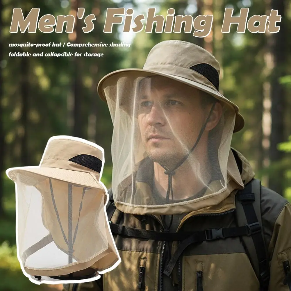 Mosquito Net Sun Hat for Men Women UV Protection Wide Brim Bucket Hat with Netting Adjustable Chin Strap for Fishing Hiking Gard