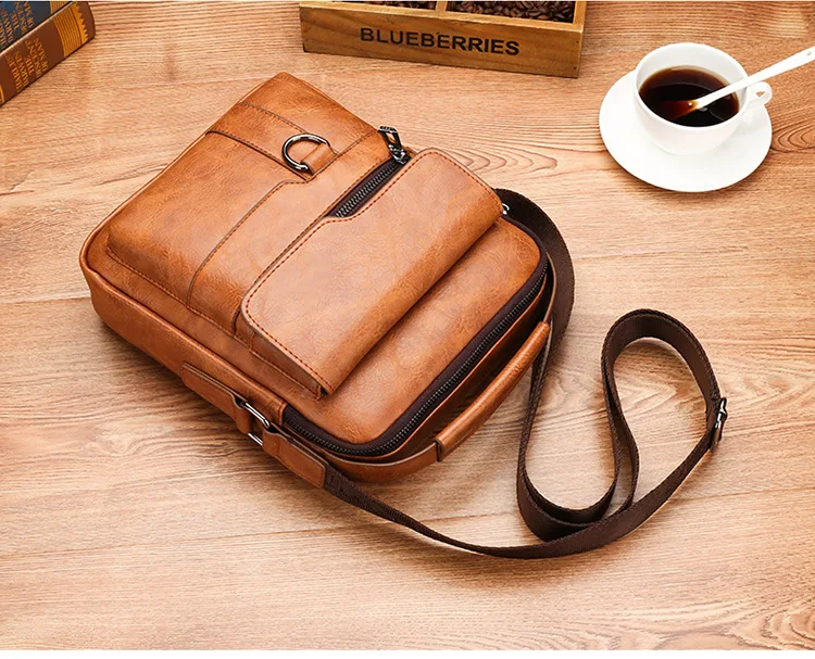 Men Shoulder Bag PU Waterproof Retro Business Fashion Handsome Multi Layered Divided Crossbody Large Capacity Handbags