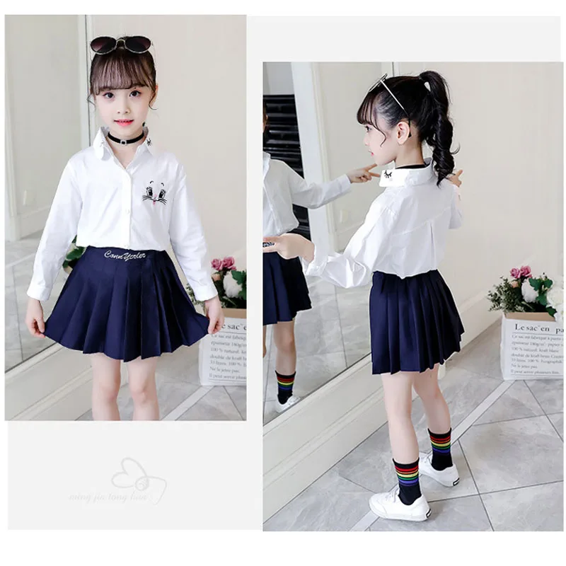 Autumn Back To School Shirts for Student Girls Princess Clothes Kids Long Sleeve White Blouse Cartoon Cat Flower Embroidery Tops