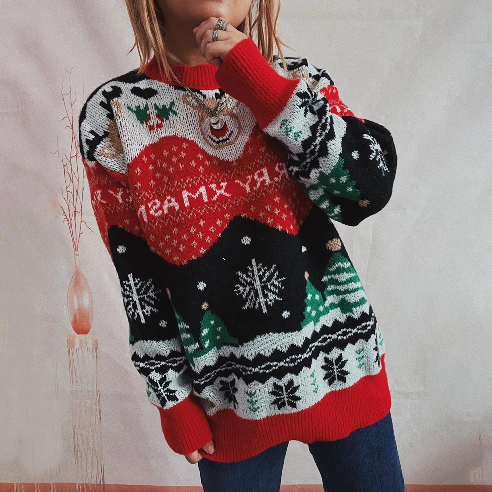 

Fashion Round Neck Jumper Sweater Female Christmas Print Knitwear Tops Plus Size Christmas Sweaters Women Warm Knitted Pullover