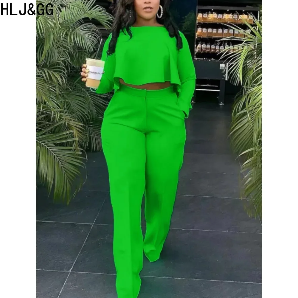 HLJ&GG Elegant Lady Solid Wide Leg Pants Two Piece Sets Women Round Neck Long Sleeve Crop Top And Pants Outfits Casual Tracksuit summer two piece men s sets short sleeve t shirts and shorts youth loose tracksuit casual sport outwear top tee