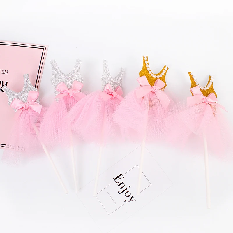 5pcs Girls Birthday Cupcake Toppers Glitter Princess Dress Cupcake card insterted decoration Birthday Wedding Party Supplies