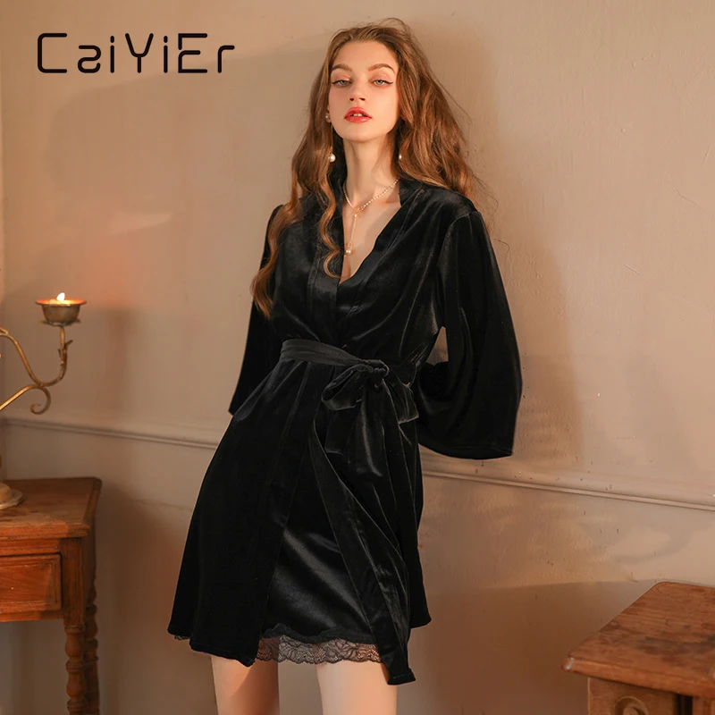 

CAIYIER 2022 Winter Sexy V-Neck Sling Nightdress Velour Kimono Bathrobe Two-Piece Robe & Gown Sets Women Home Wear Kimono Robe
