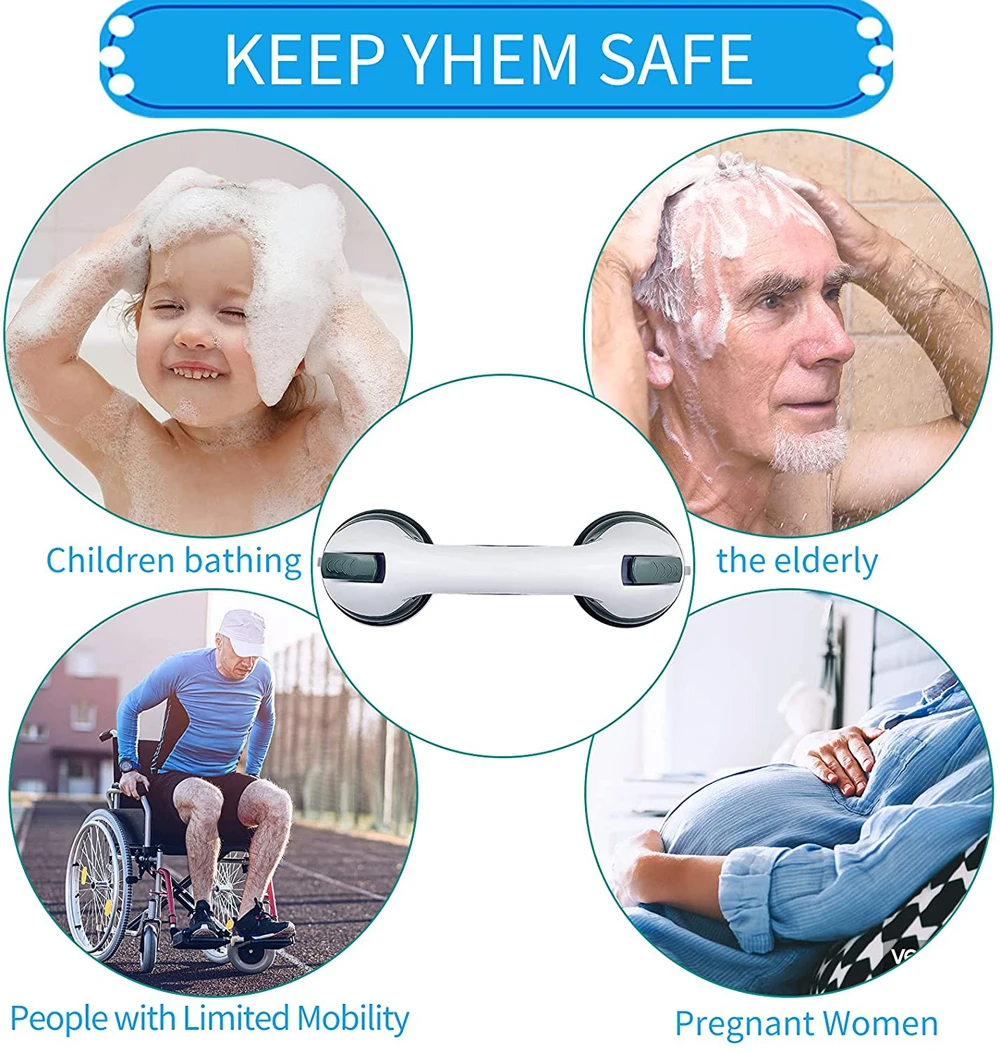 Shower Handle Grab Bars with Ultra Grip Dual Locking Suction Cups - Enhanced Anti-Slip Safety Support