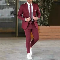 Burgundy Suits Men Blazer Slim Fit 2 Pieces Tuxedos Casual Groomsmen Wedding Suits Groom Tuexdos Jacket Pants Trajes De Hombre 1