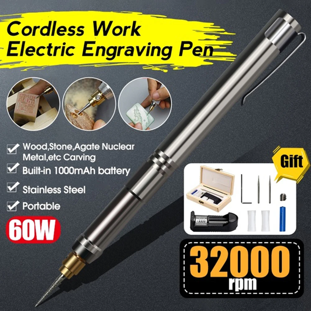 Stainless Steel Mini Handheld Electric Engraving Pen, 32000r/min Rechargeable Electric Grinder Pen Set Electric Micro Engraver Pen Mini Engraving