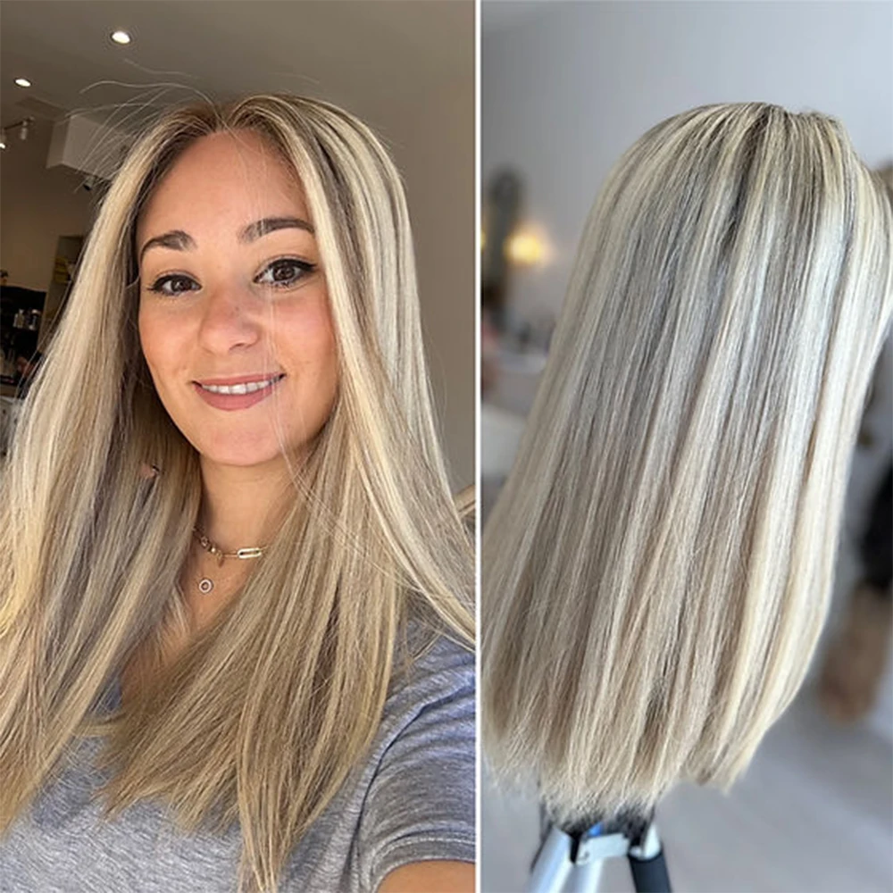 

24" Premium 100% Virgin Human Hair Full Lace Wig Creamy Blonde Highlights Melting Ash Roots 150% Stright HD 13x6 Lace Front Wig