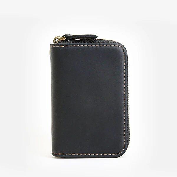 Vintage Leather Card Case & Coin Purse with Hand Strap - Double Zipper Clutch Bag