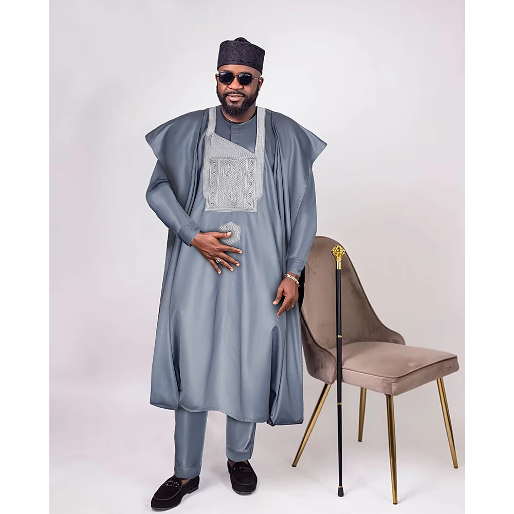African Dress Kaftan Dress African Men Set H&D South African Traditional Wear Formal Attire Bazin Riche Dashiki Gray Shirt Pants Robe Suit Agbada Men's wedding party