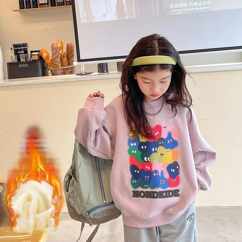 Winter Girls Loose Cartoon Prints Warm Fleece Foderato Felpa Jacket School Kids Track Pullover Top Child Work Jumper 5-16Yrs