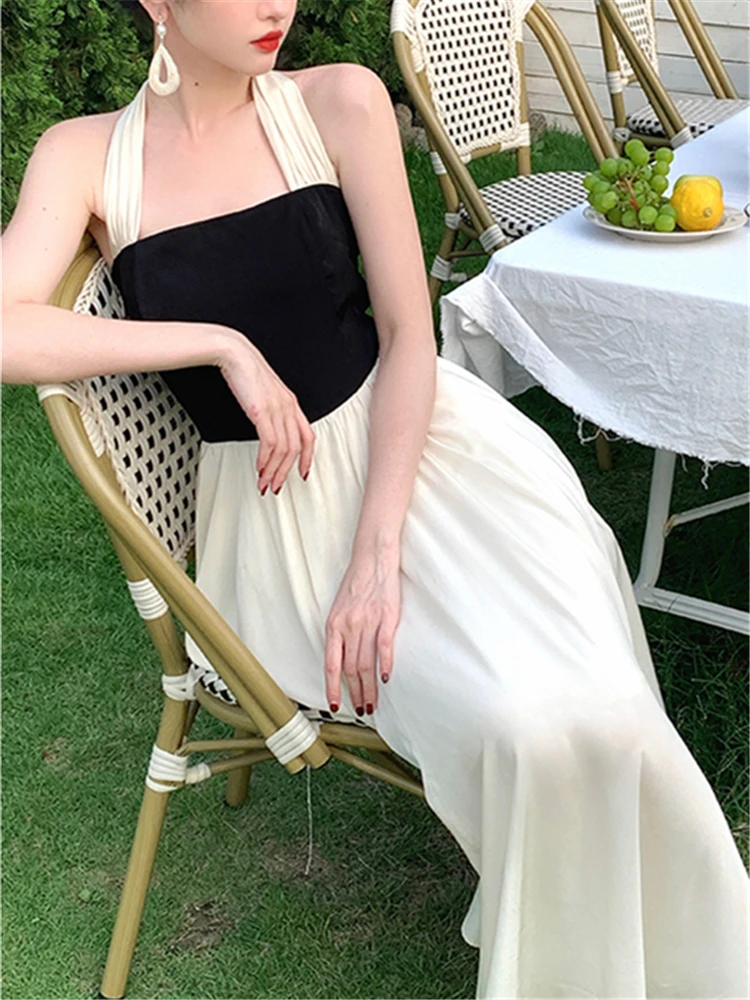 

Dress Women Elegant Summer 2022 Fashion Lady Sleeveless Evening Party High Waist Stitching Midi Hanging Neck Dresses Clothes