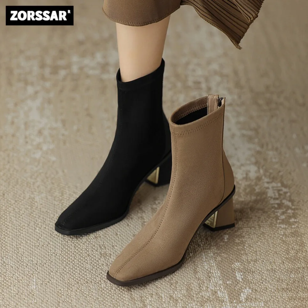 

High heel Women Stretch Ankle Boots Female Stylish Modern Style Solid Color Winter Warm Plush Woman Booties Pointed Toe Shoes