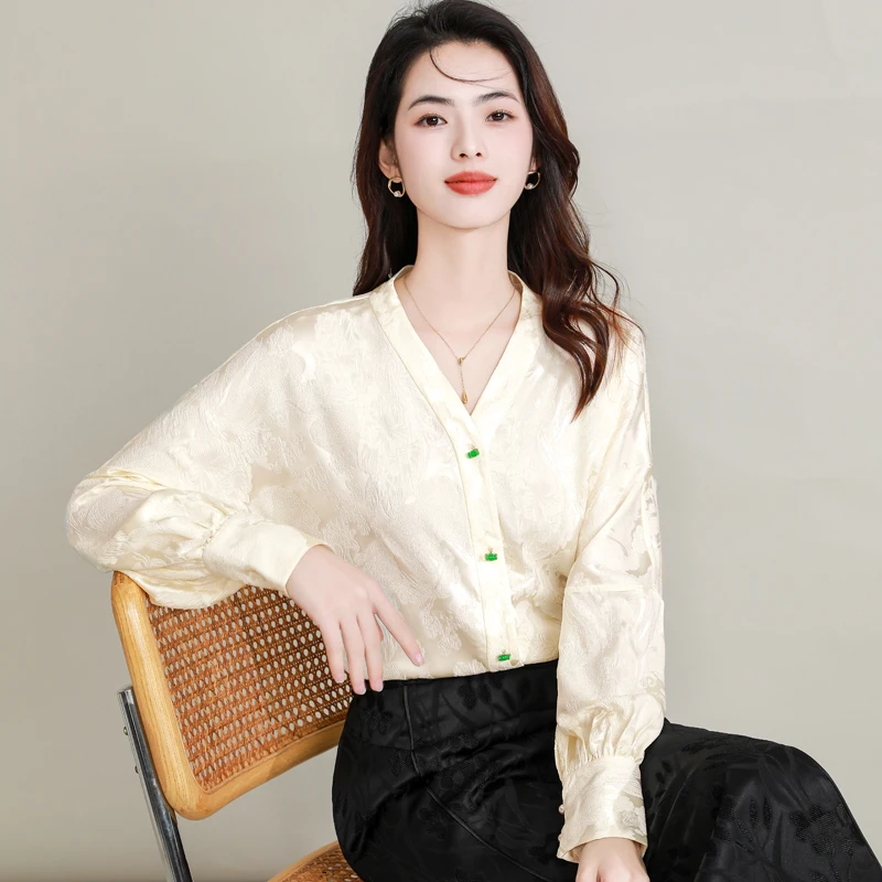 Oriental Aesthetics Women Silk Jacquard Shirts Low-Key Landscape Pattern V-neck Batwing Seeve Tops Chic Shirt For Ladies OOTD