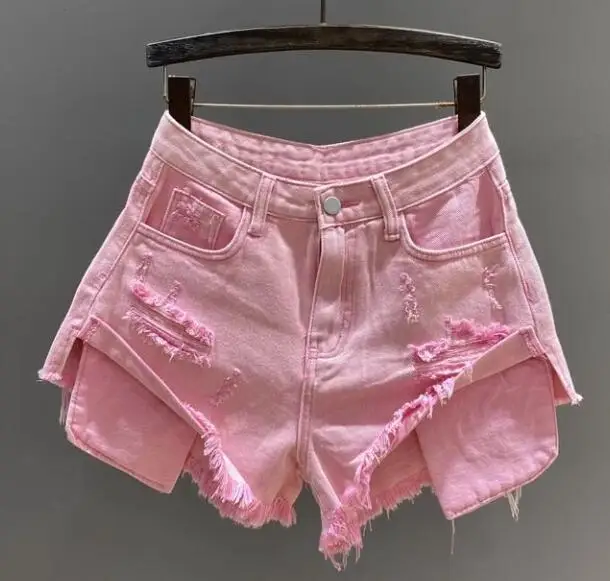 

Women Sexy Ripped Jeans Shorts Female Students Patchwork Brushed Edge Denim Shorts High-waisted A-line Denim Ultra Shorts