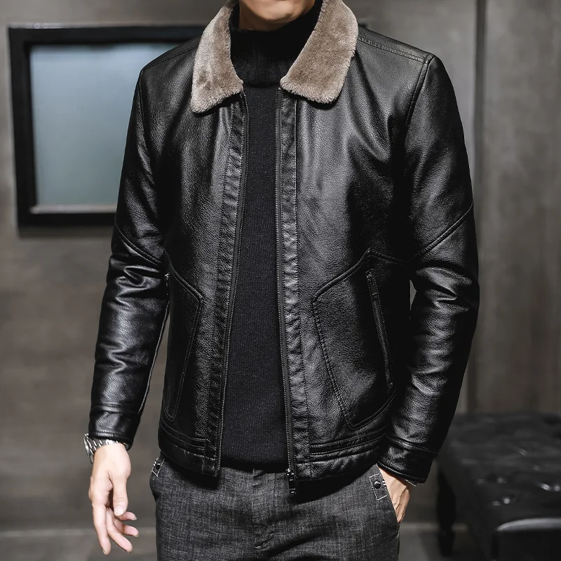 Winter Men's New Plush Solid Color Fur Collar Long Sleeved Leather Jacket, Autumn Business Casual Versatile Fashion Jacket