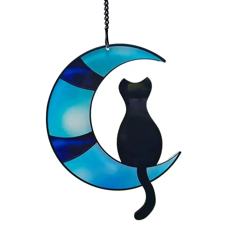 StainedGlassCatOnTheMoonWindowHangingPendantSunCatcherLover