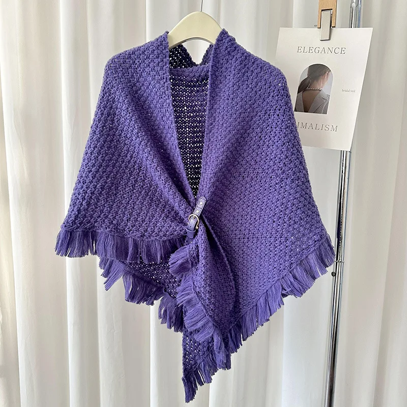 

Poncho Cloak New autumn Winter Tassel Cape With Versatile Shawl Thickened Warmth Solid Color Knotted Scarf and Camisole Purple