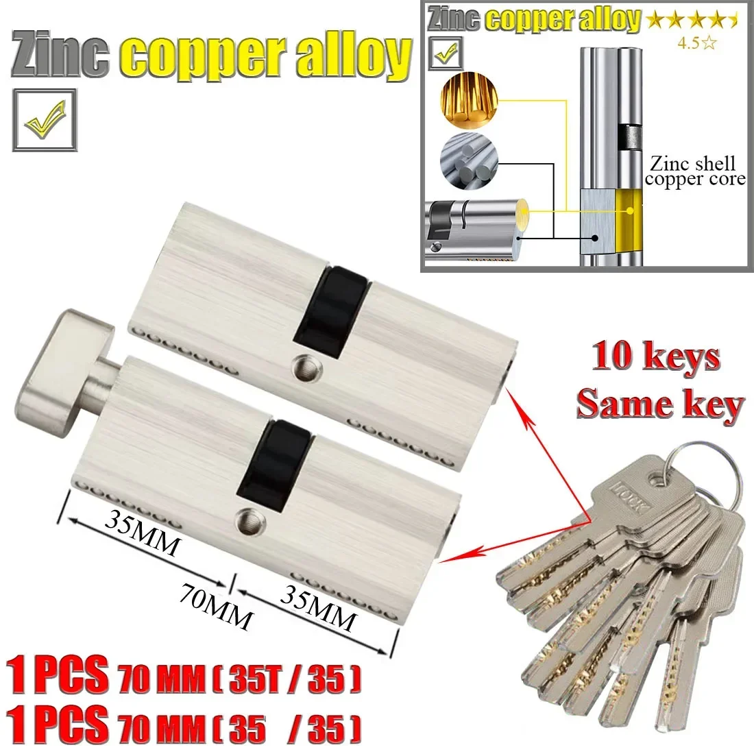Door lock cylinder Customize 1 key to unlock all lock cylinders 70mm and 80mm knob lock cylinder entrance door lock cylinder door same key