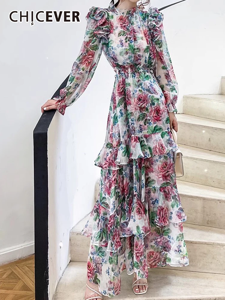 

CHICEVER Print Floral Dresses For Women Stand Collar Flare Sleeve High Waist Tunic Hit Color Patchwork Ruffles Maxi Dress Female