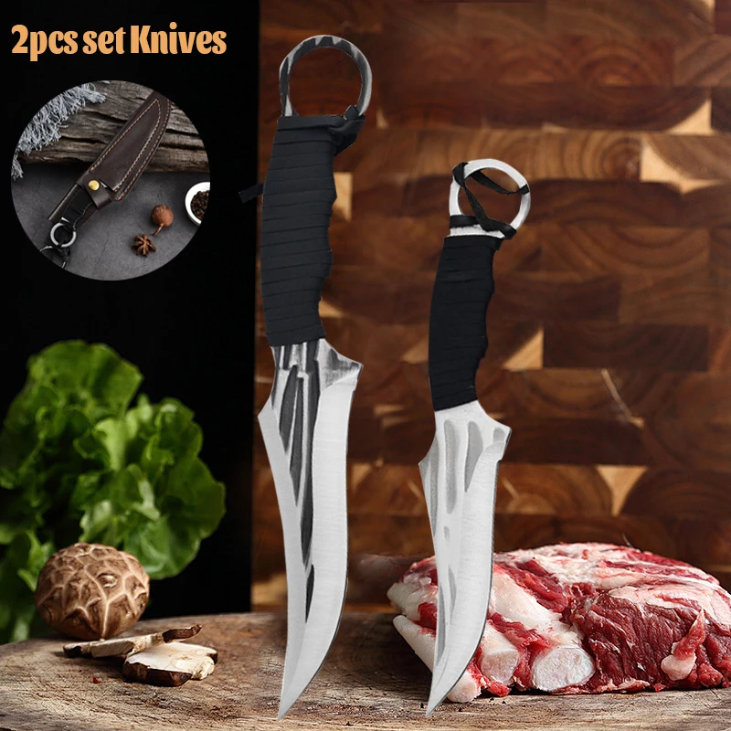 2pcs Kitchen Boning Knife Set Stainless Steel Meat Cleaver Fruit Slicing Knife Handmade Forged Utility Knife Kitchen Supplies