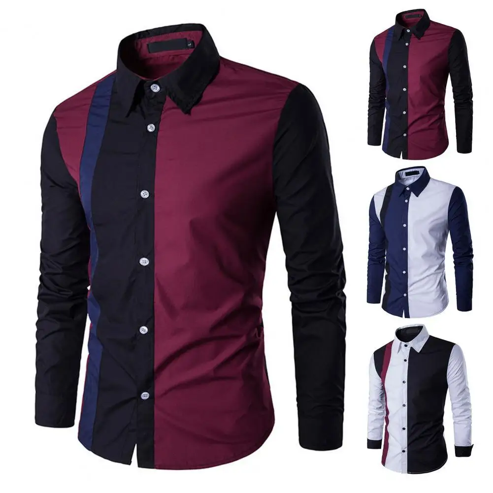 Men Shirt Color Block Splicing Streetwear Buttoned Korean Style Social Shirt for Office