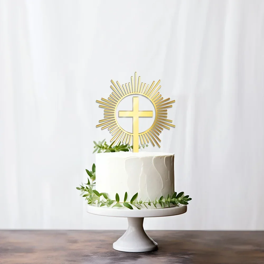 Cross Cake Topper Gold Acrylic Baptism Christening Happy Birthday Cake Toppers Communion Wedding Party Baby Shower Decoration