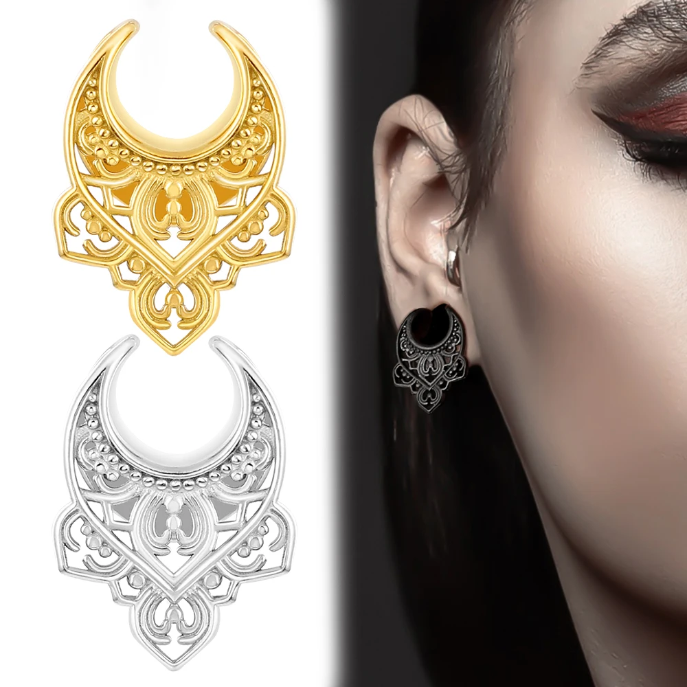 

Giga 2 PCS Retro Floral Ear Plugs Tunnels Saddle Gauges 0g-1inch Stainless Steel Body Piercing Earrings for Stretched Earlobe