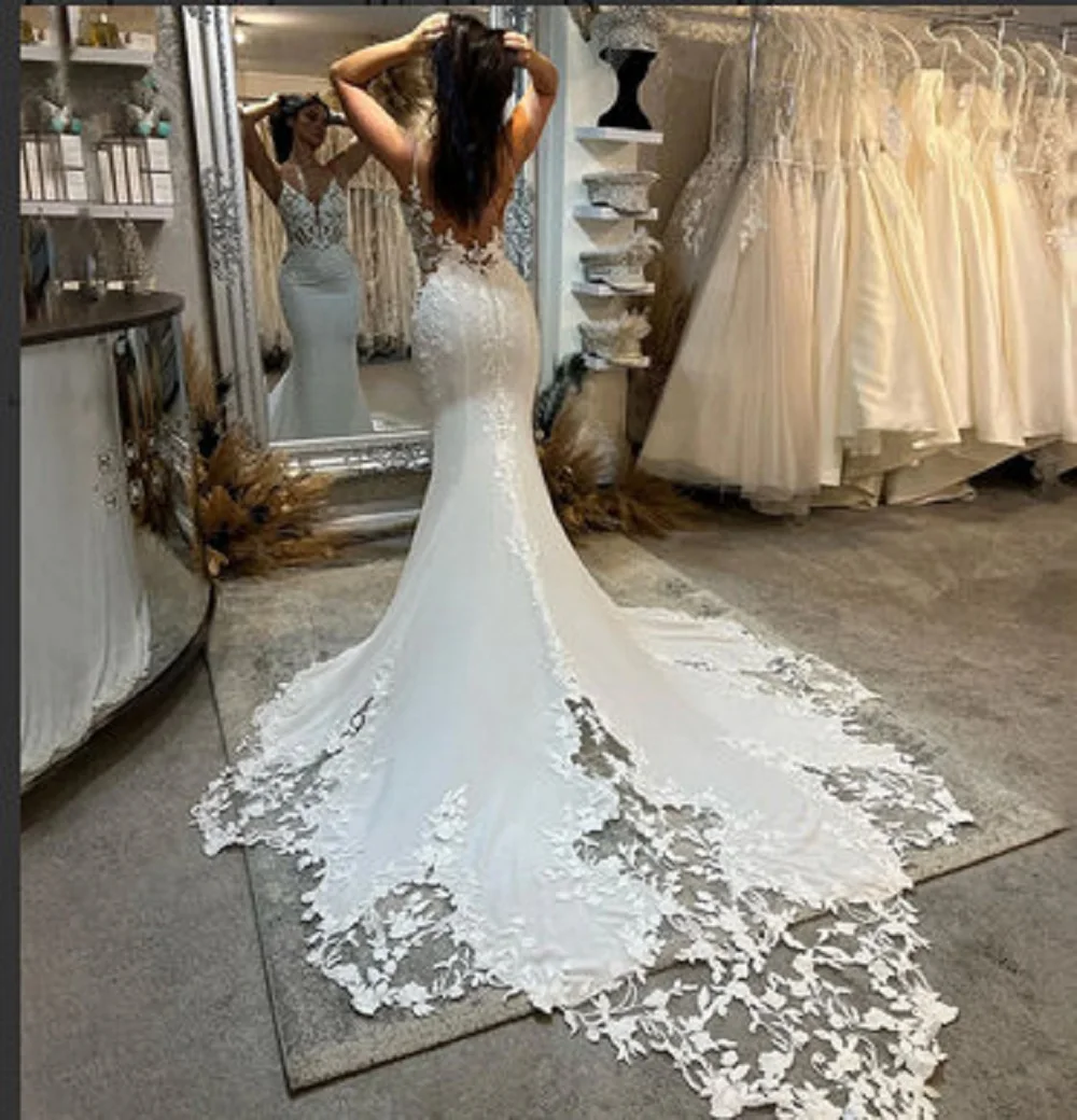 

MisShow Mermaid Wedding Dresses For Women Backless Sexy V Neck Spaghetti Strap Lace Formal Party Bridal Gowns Vestidos Novia