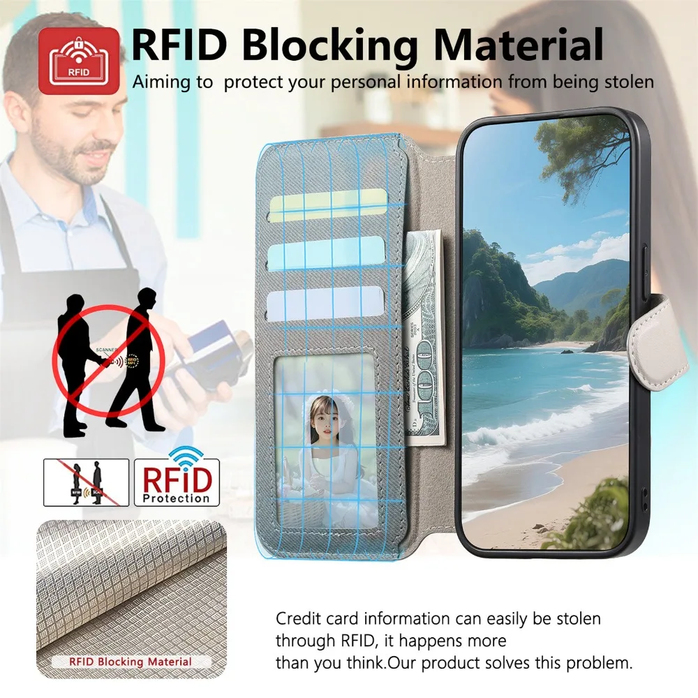 Leather Wallet Case with RFID Protection and Magnetic Closure for Motorola - 2-in-1 Book Style Cover