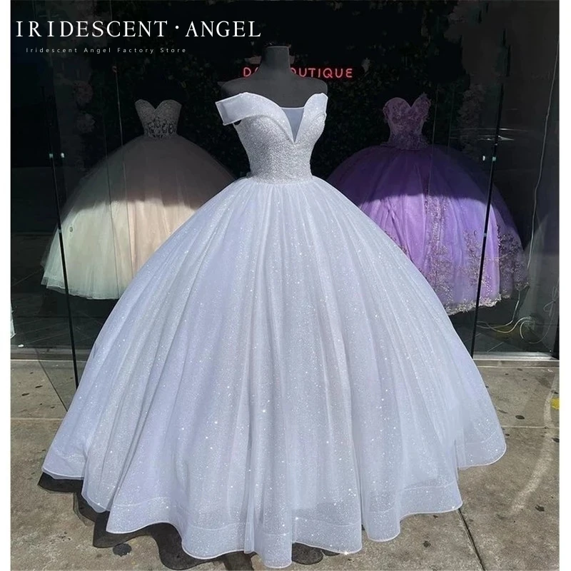 Iridescent Off-Shoulder Ball Gown Sparkly Beaded Quinceanera Dresses Skirt Birthday Princess Party Gowns Vestidos De 15 Anos