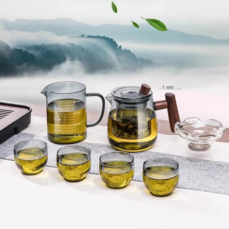 GIANXI Glass Tea Set Home Puer Kung Fu Tea Cup Japanese Ceremony Solid Wood Handle Water Separation Brewing Teapot
