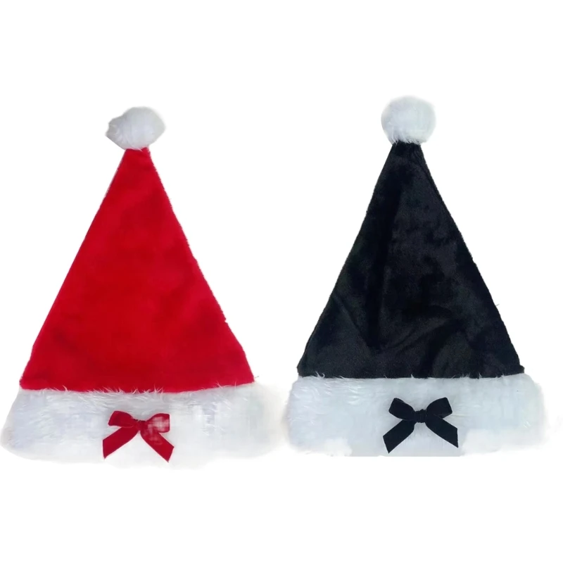 

Y166 Short Plush Christmas Hat with Bowknot Holiday Event Santa Hat Girls Bobble Hat Party Props Festival Decor