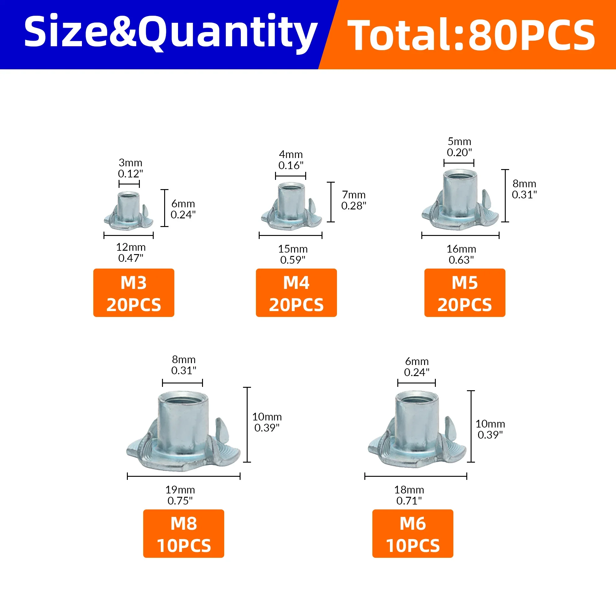 80Pcs Galvanized Four-Claw Nuts M3-M8 Carbon Steel Four-Point Impact Nuts Suitable For Wooden Furniture Maintenance four claws nut,carbon steel nuts