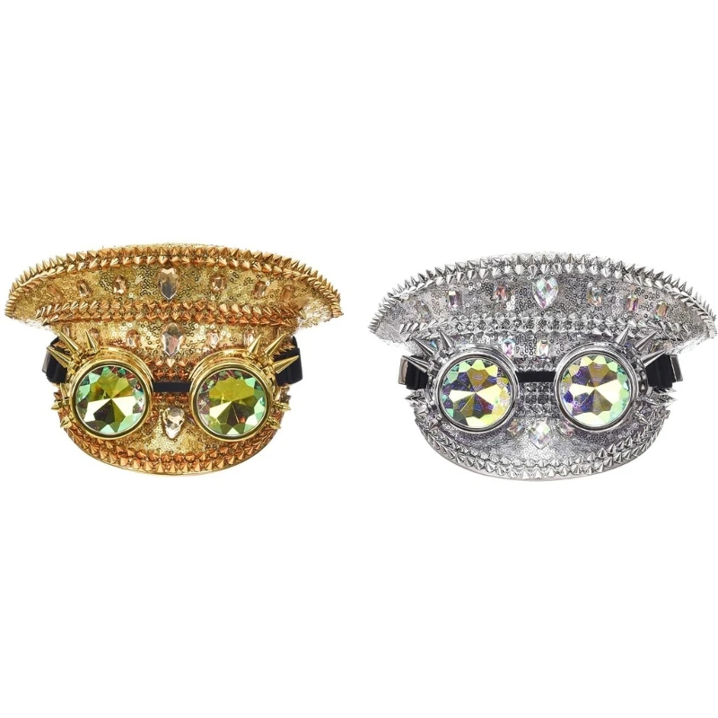 

M89E Rivet Studded Steampunk Hat Fashion Sequin Party Hat Adult Shiny Flat Top Cap Music Festival Stage NightClub Headgear