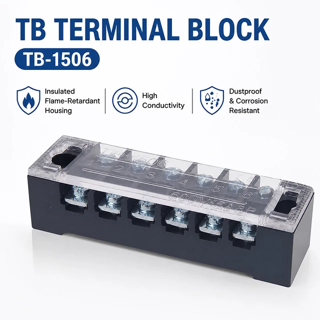1PCS TB1506 Dual Row Thick Copper Screw Terminal Block Flame Retardant Grounding Strip Wire Connector Durable 600V 15A 1