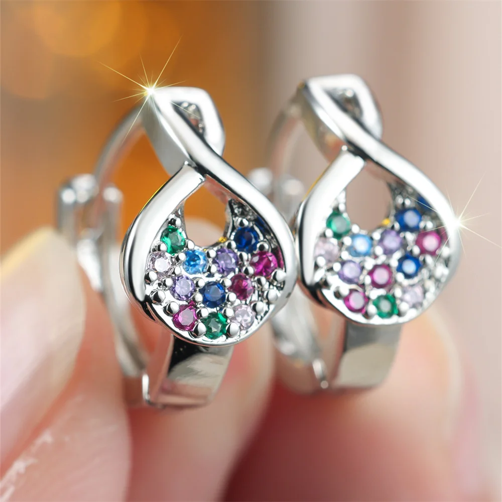 Geometric Crystal Small Stone Rainbow Hoop Earrings For Women Vintage Gold Silver Color Ear Buckle Wedding Jewelry Bridal Gifts