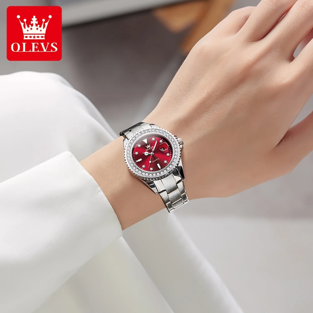 OLEVS 9945 Woman Watches Original Luxury Diamond Scale Quartz Watch For Women Steel Strap Waterproof Luminous Date Wristwatch