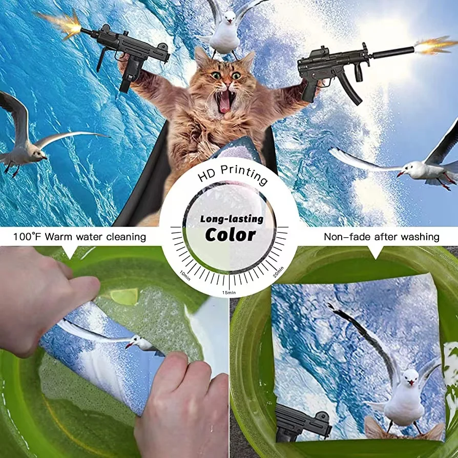Funny Shower Curtain Cute Sea Cat Riding Shark Whale Cartoon Animal Creativity Kids Bathroom Decor Polyester Fabric Cloth Hooks