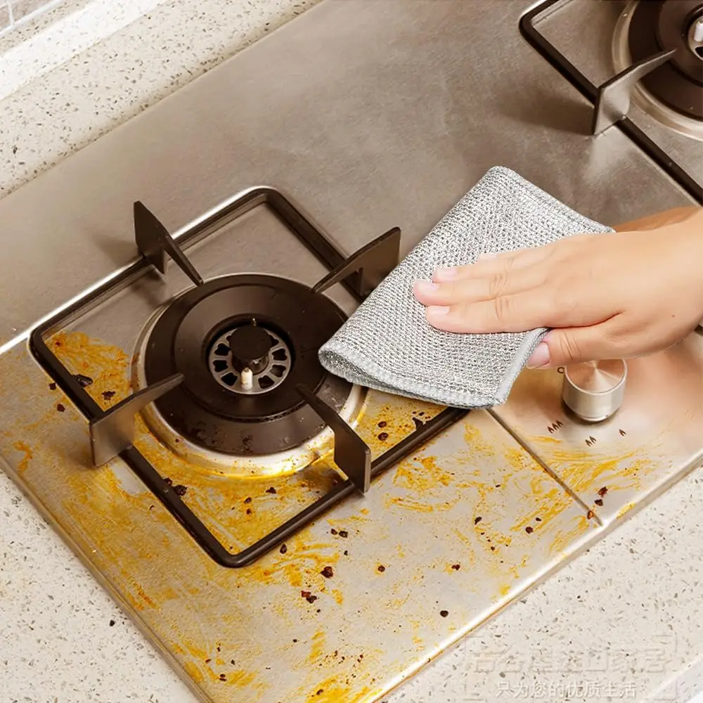 Panno per lavare i piatti in filo d'acciaio per la cucina Pentola per lavare i piatti Panno per la pulizia in filo non olio Decontaminazione in filo d'argento a doppia faccia  15