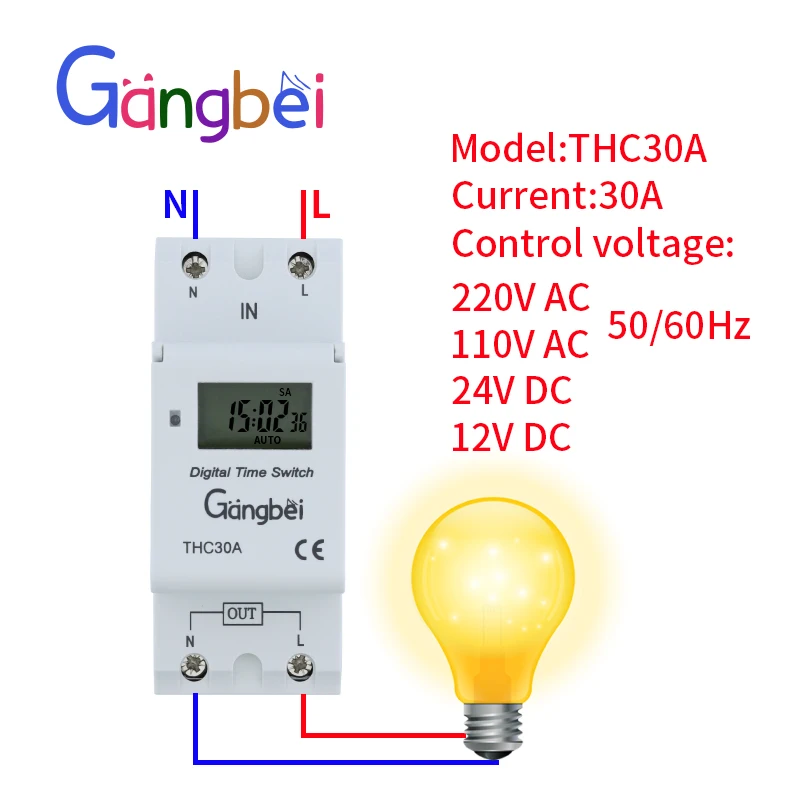 Weekly 7 Days Programmable Digital TIME SWITCH Relay Timer Control AC 220V 230V 110V DC24V 12V THC30 30A Din Rail Mount 6