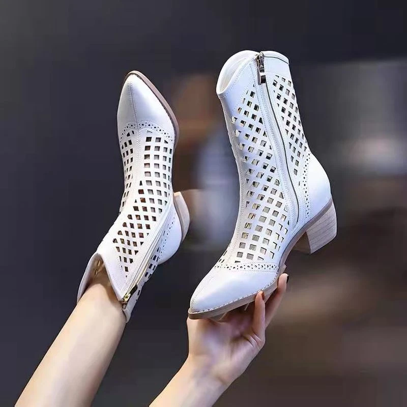 2022 women's new spring and summer mesh hollow short boots breathable stiletto pointed toe women's fashion high heels chunky Boots for men