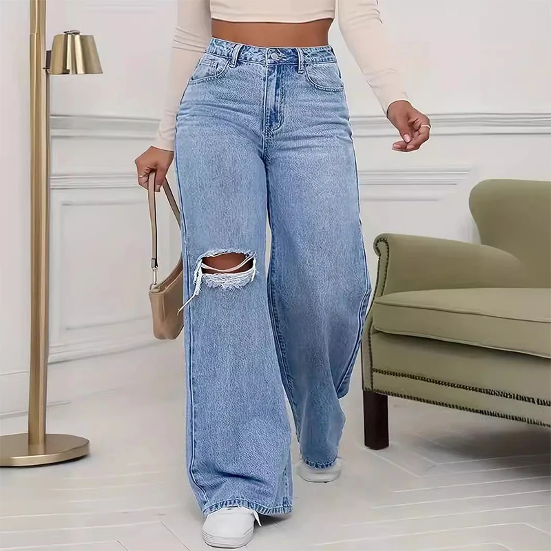 Burques déchirées femmes jean taille haute droite Baggy jambe large Denim pantalon traînant vêtements de rue pantalon 2025 été nouveau pantalon décontracté