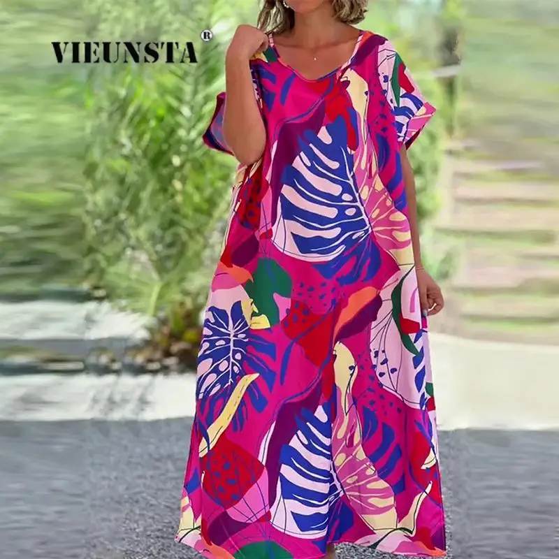 

Summer Women Loose O-Neck Short Sleeve Print Maxi Dress Harajuku Oversized Beach Dress Casual Retro Colorful Boho Pattern Dress