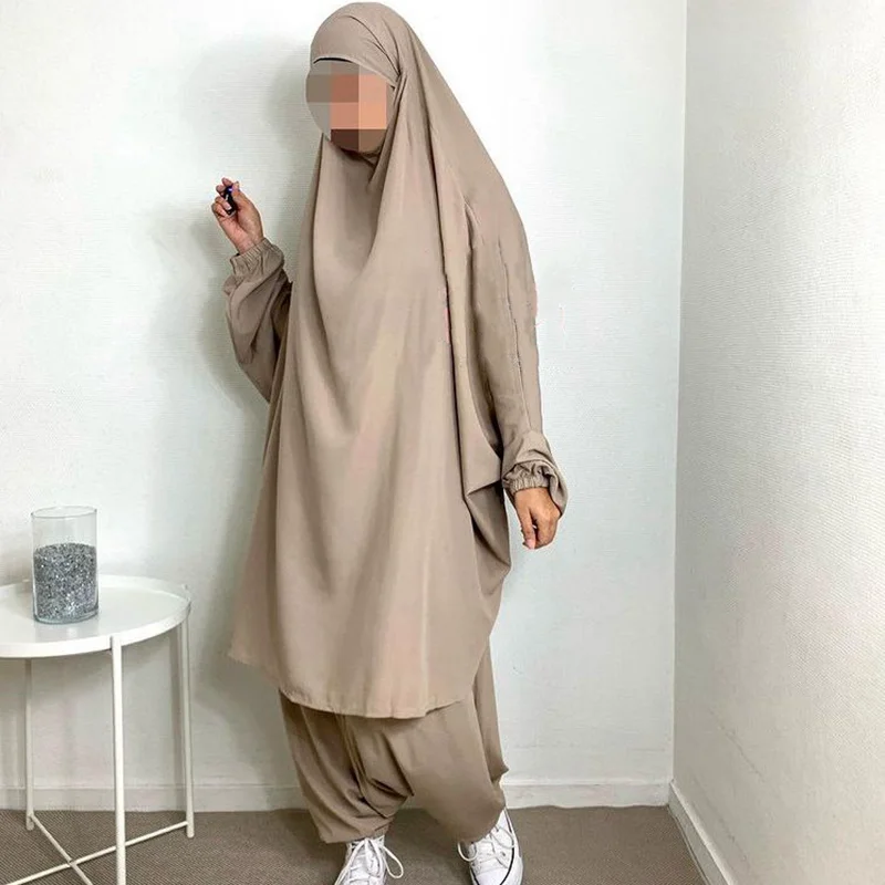 Eid Muslim abayas for women 2 pieces Prayer Garment jilbab with pants Ramadan Abaya Set Islamic Clothes long khimar with sleeve