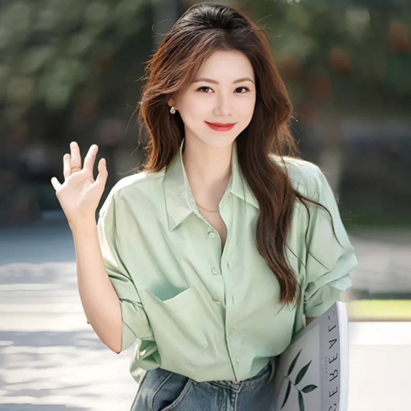

LKSK Shirt New Early Spring Dopamine Wearing Over Shoulder Mint Green Shirt Temperament Korean Sunscreen Top for Women